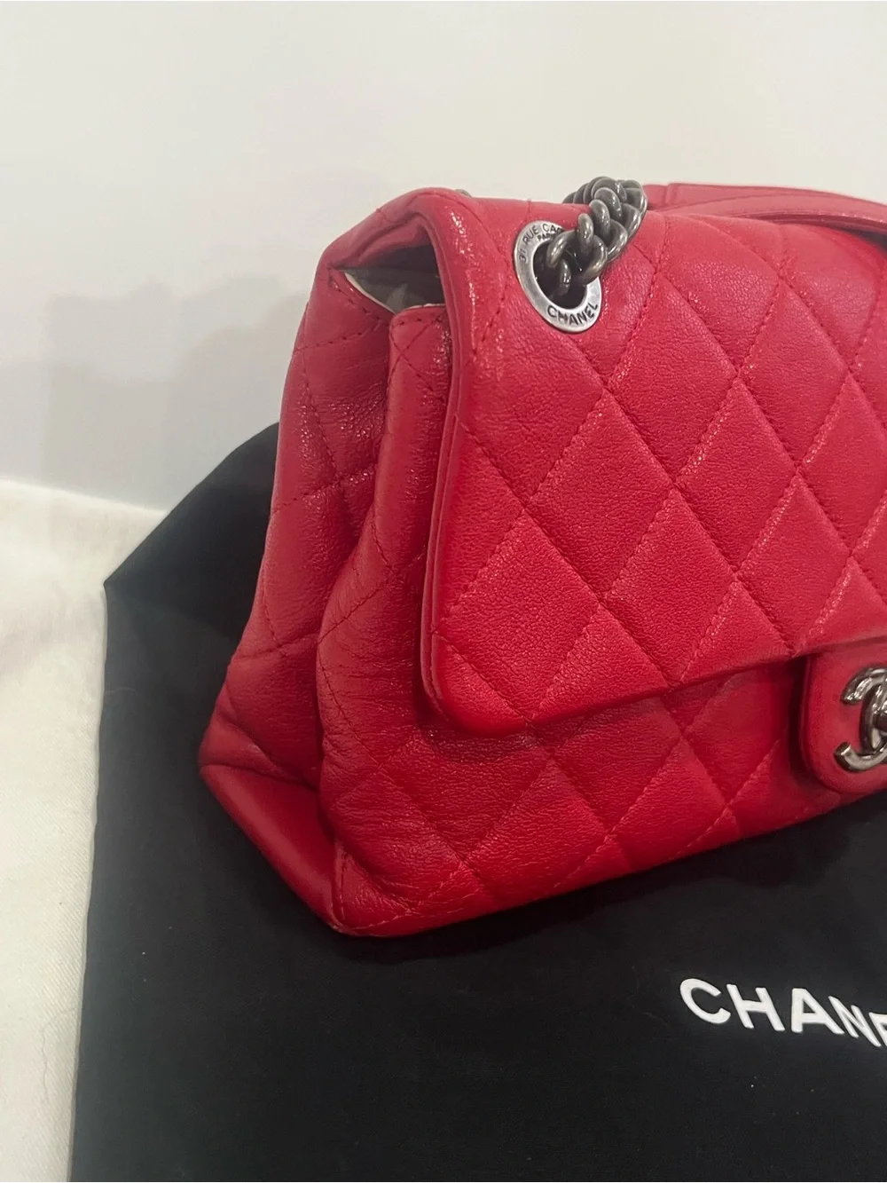Chanel Quilted shiny Letaher Red Flap Bag